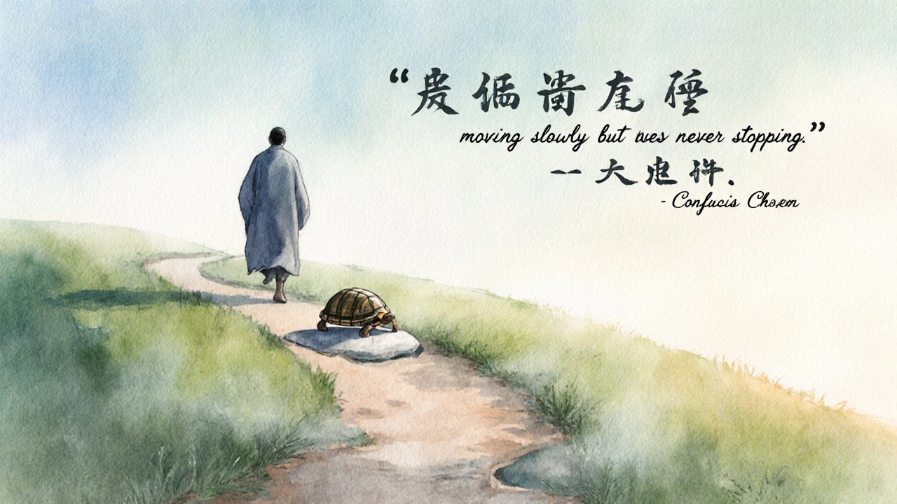 A winding hill path with a slow‑moving turtle, symbolizing steady progress and resilience.