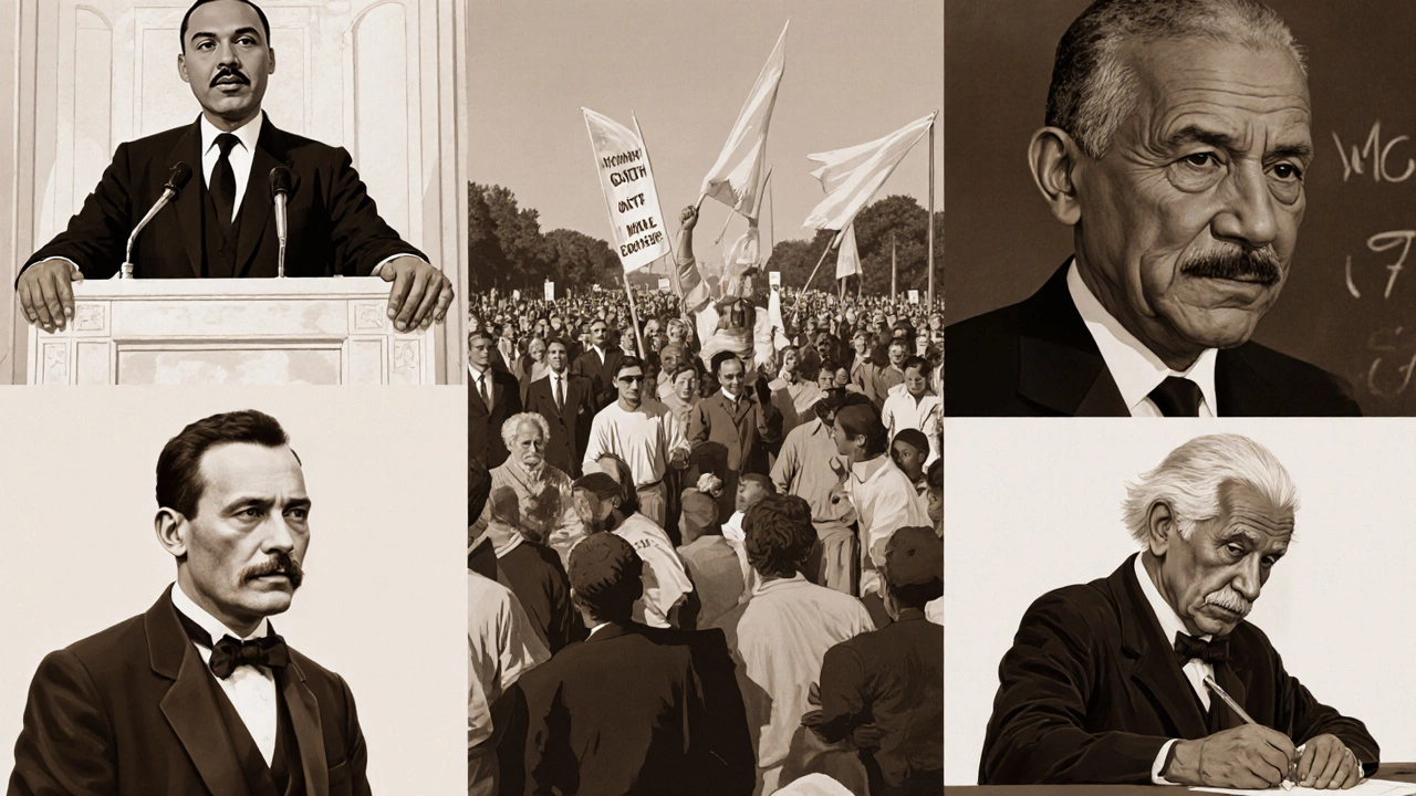Collage of MLK, Gandhi, Lincoln, Mandela, and Einstein in their historic moments.