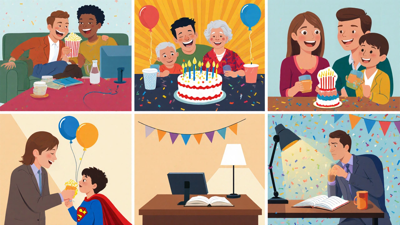 Colorful collage of friends, family, couple, colleague, child, and mentor celebrating birthdays.