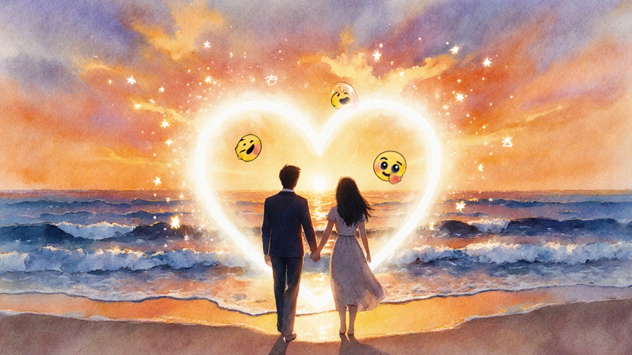 Couple on a beach at sunset with heart‑shaped light trail and floating emojis.