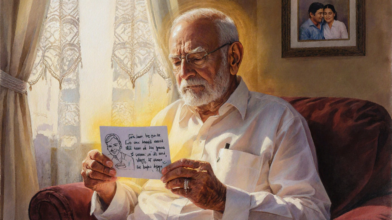 Elderly man holding a personalized condolence card, eyes glistening with emotion.