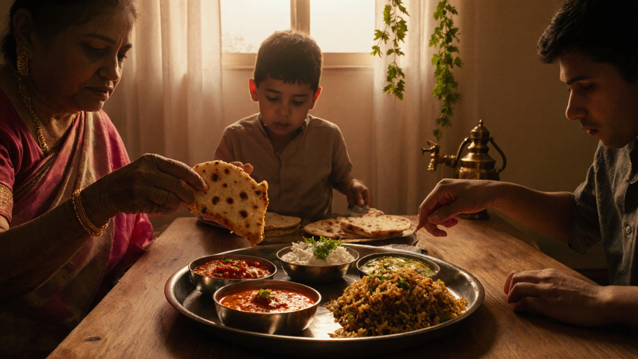Family sharing a colorful Indian thali with naan, curry, dal, and raita.