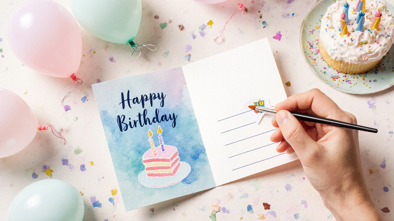 Hand adding personal touches to a birthday card amid cake and confetti.