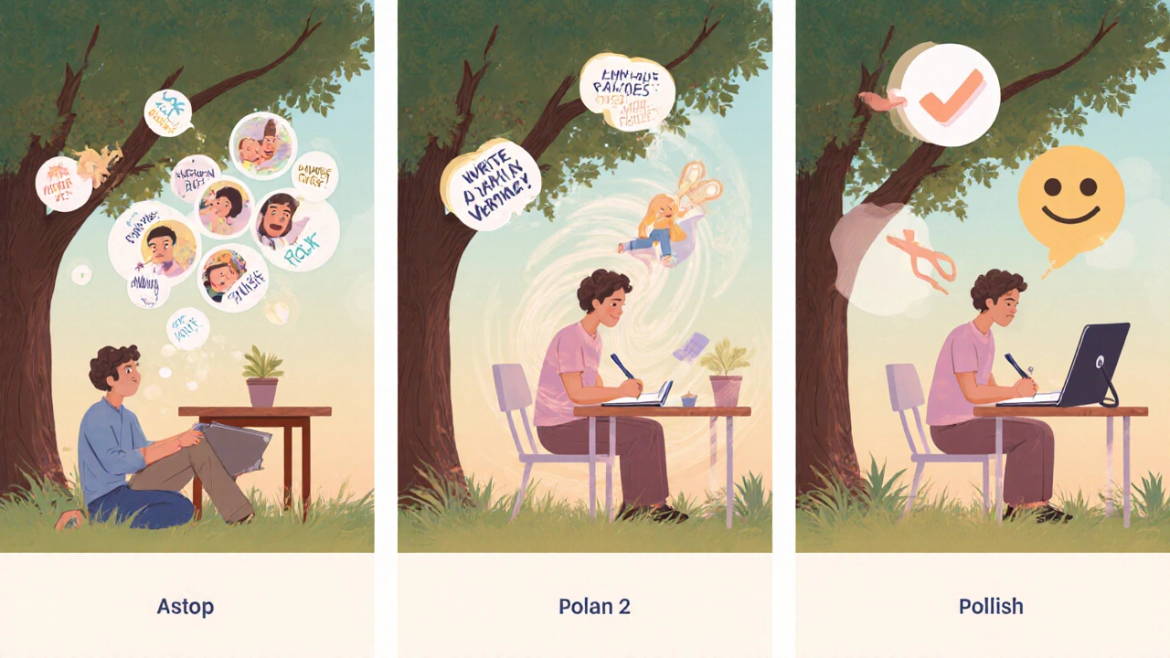 Illustrated three‑panel sequence showing memory recall, drafting, and editing a touching message.