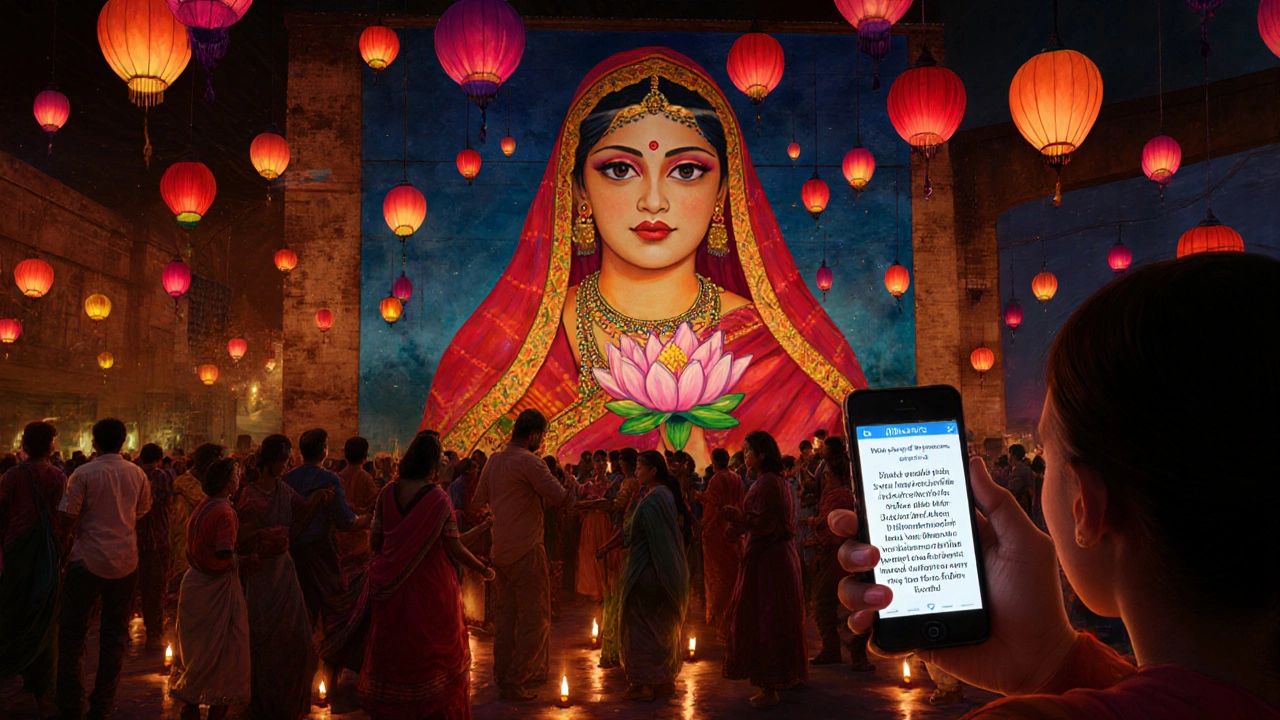 Night festival with a glowing mural of Mira Bai, lanterns, and people dancing to bhajans.