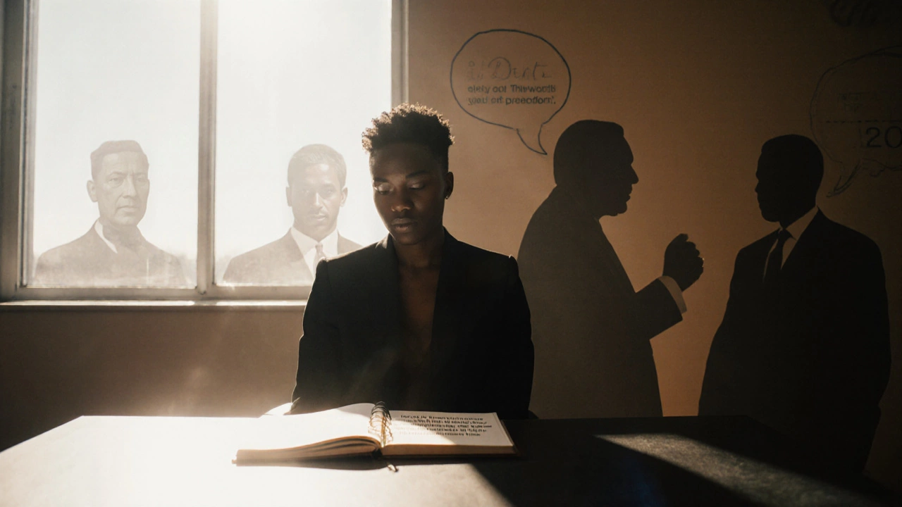 Person at a desk inspired by a glowing quote, with subtle historic silhouettes.