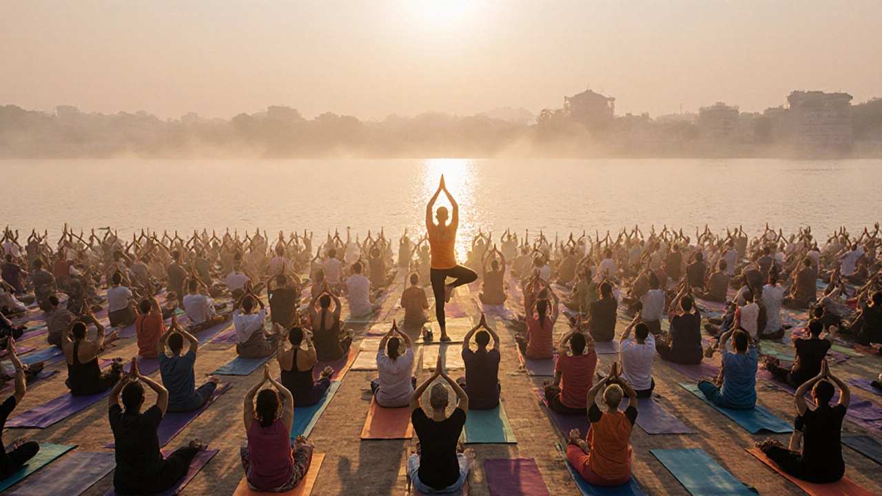 Sunrise yoga gathering on the Ganges riverbank with diverse participants.