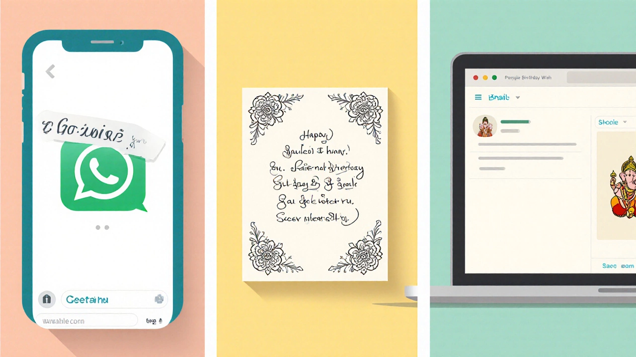Three panels showing a phone chat, a handwritten card, and an email with cultural birthday greetings.
