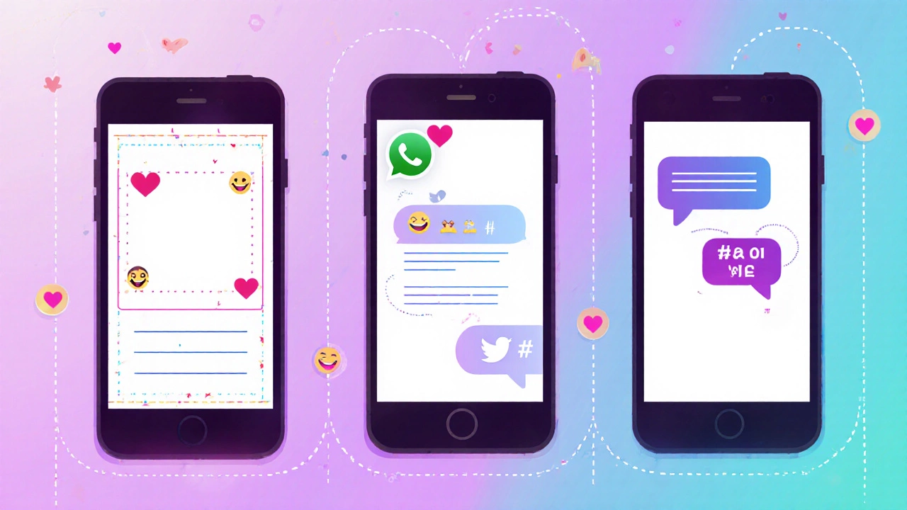 Three smartphones illustrating Instagram, WhatsApp, and Twitter love status ideas.