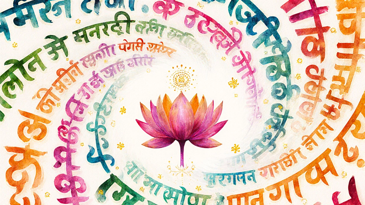 Watercolor collage of Indian language scripts surrounded by lotus and tilak symbols.