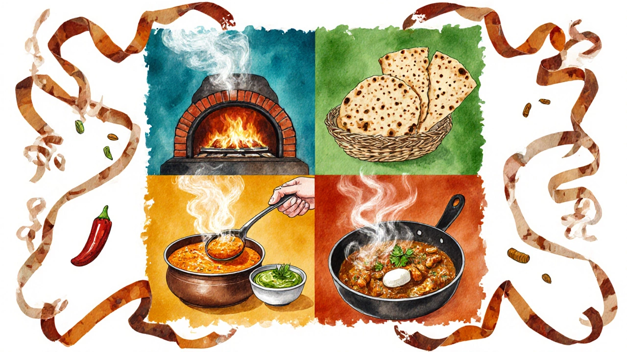Watercolor map showing North, South, East, West Indian dishes and spices.