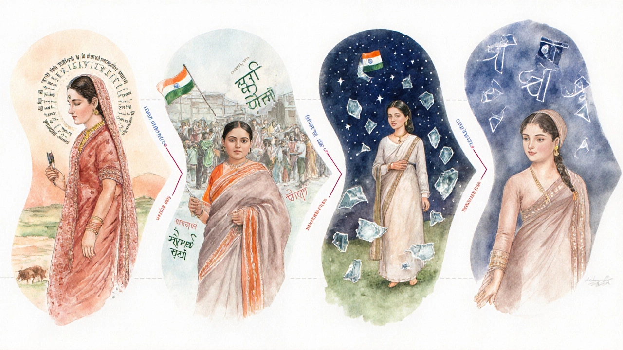 Watercolor timeline showing five Indian female poets in distinct attire with floating verses.